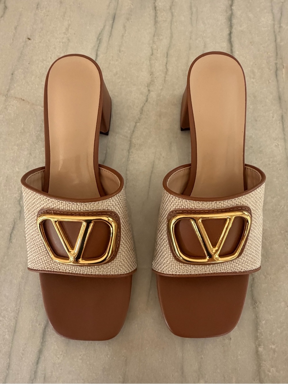 Women's (Valentino Style) Brown & Beige Raffia Slide Heels with Gold Accent